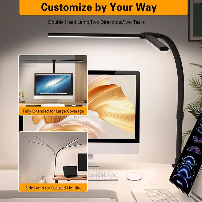 Led Desk Lamp for Office Home - 24W Double Head Architect Desk Light with Clamp & Timer, Eye Caring Folding Table Lamp Gaming Desktop Computer LED Lights Desk Supplies for Workbench Studing Drafting