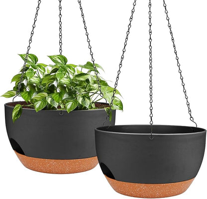 Hanging Planters for Outdoor Indoor Plants, 2 Pack 12 Inch Hanging Basket Plants Outdoor, Self Watering Hanging Planter with Plant Hanger for Garden Home Decoration (Black)