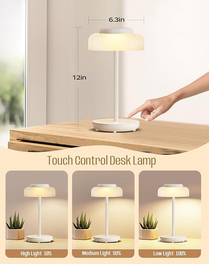 QiMH Battery Operated LED Table Lamp, 5000mAh Cordless Desk Lamp with 3 Level Brightness Touch Control, Mini Rechargeable Night Light for living room, Bedroom, outdoor bar (White)