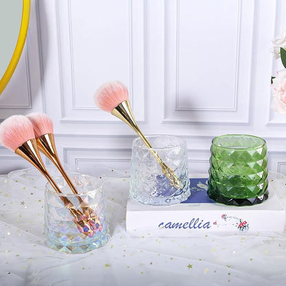 DASITON Glass Makeup Brush Holder Organizer, Diamond Pattern Cosmetic Storage Cup, Makeup Organizer for Vanity, Bathroom Countertop Toothbrush Holder, Desk Pen Pencil Holder (Clear)