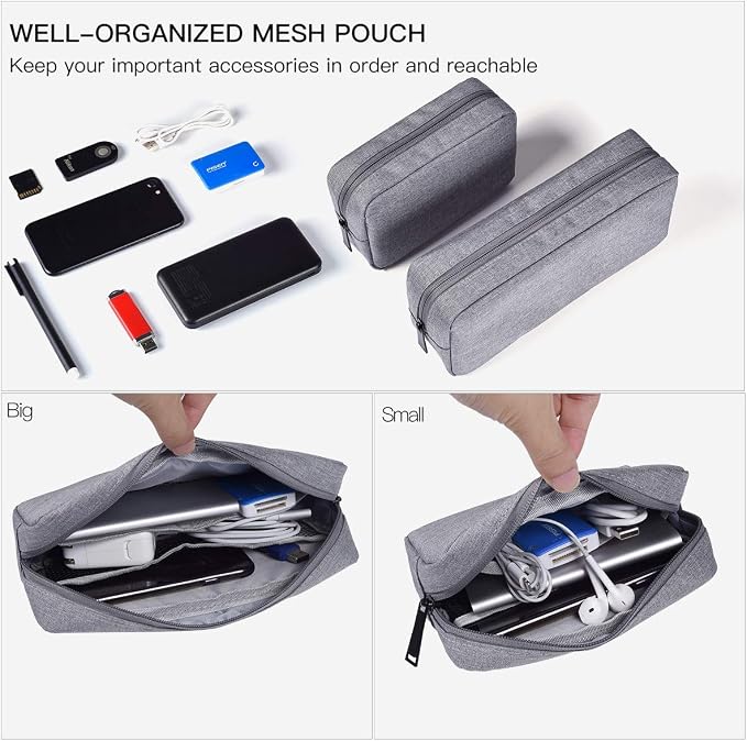 Portable Electronics Accessories Storage Bag, 2PCS Big + Small Carrying Case Travel Cable Organizer Cosmetic Bag Pouch Compatible Hard Drive, Power Bank, Mouse, Laptop Charger, Cellphone, Gray