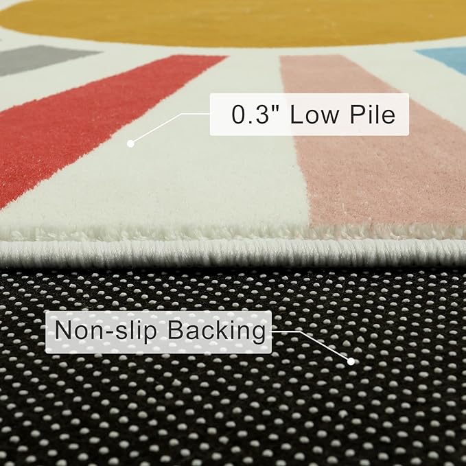 Boho Washable Rug 3'x5' Rug Kids Area Rug for Playroom, Colorful Kids Rug for Bedroom, Non-Slip Throw Sun Carpet Soft Small Sunshine Rug for Office Nursery Entryway Dorm