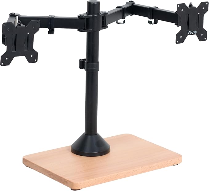 VIVO Dual Monitor Desk Stand for 13 to 32 inch Screens, STAND-V002FD-B | Articulating, Freestanding Adjustable Monitor Arm, Black with Wood Base, Computer Stand for 2 Monitors, Holds 22 lbs Each