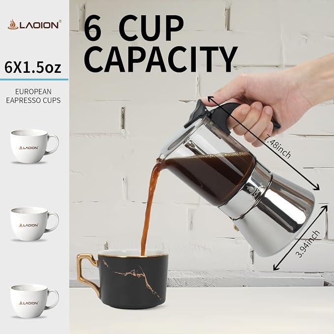 LAOION Stovetop Espresso Maker, 6Cup 240ml Moka Pot, Cuban Coffee Maker | Crystal Glass-top & Stainless Steel Coffee Maker Mocha Pot, Greca De Cafe, Cuban and Italian Coffee Maker for Cafetera Cubana
