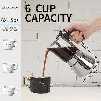 LAOION Stovetop Espresso Maker, 6Cup 240ml Moka Pot, Cuban Coffee Maker | Crystal Glass-top & Stainless Steel Coffee Maker Mocha Pot, Greca De Cafe, Cuban and Italian Coffee Maker for Cafetera Cubana