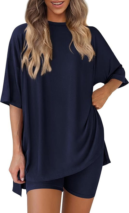 PRETTYGARDEN Women 2 Piece Lounge Set 2026 Summer Casual Oversized Shirts Biker Shorts Matching Airport Travel Outfit Clothes