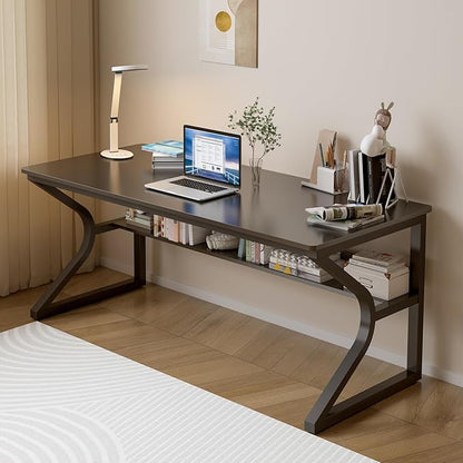 OSCHF 55-Inch Extra Long Desk with Storage Shelf, Black | Double Long Writing Table, Space-saving, 2-Person Workstation, Modern Study Work Computer Desk, For Home Office