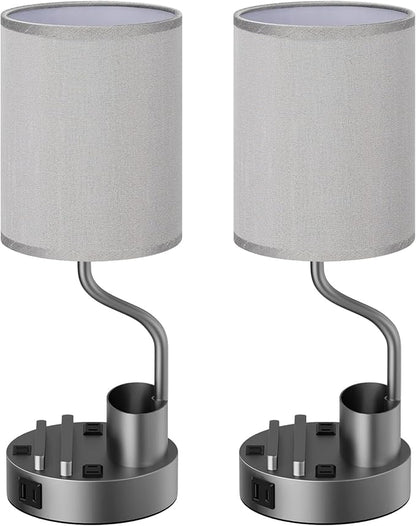 Fenmzee Bedside Lamps for Bedroom Set of 2 - Table Desk Lamp for Nightstand | 15" Table Lamp for Living Room with Pen Holder & Phone Stand, USB A+C Port, AC Outlet, 3 Color Temperature, LED Bulb Included