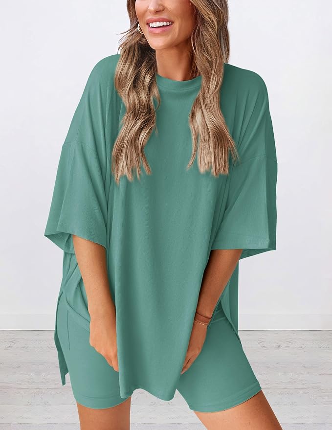 PRETTYGARDEN Women 2 Piece Lounge Set 2026 Summer Casual Oversized Shirts Biker Shorts Matching Airport Travel Outfit Clothes