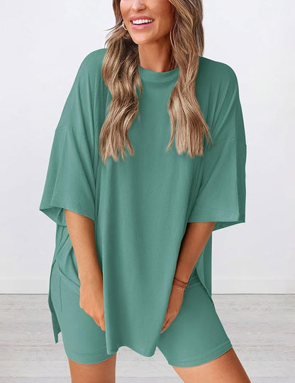 PRETTYGARDEN Women 2 Piece Lounge Set 2026 Summer Casual Oversized Shirts Biker Shorts Matching Airport Travel Outfit Clothes