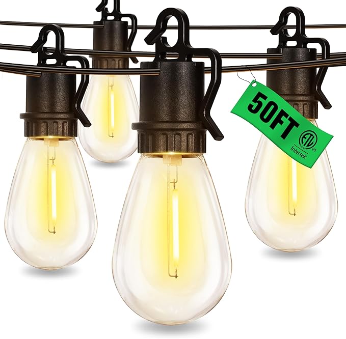 50FT Outdoor String Lights with 25 Shatterproof S14 Vintage Edison Bulbs E12 Sockets,2700K Dimmable Outdoor Lights,IP55 Waterproof LED String Lights for Outside, Patio, Garden, Backyard,Bistro