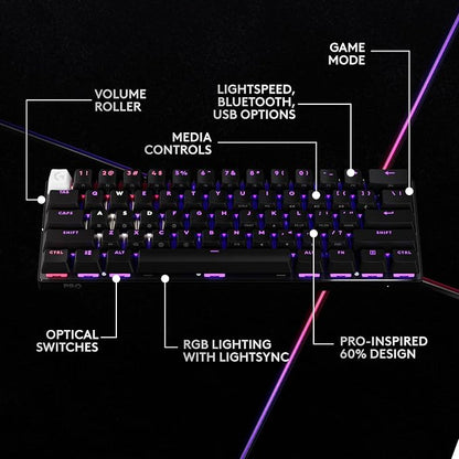 Logitech G PRO X 60% Wireless Gaming Keyboard (Linear Optical) - Black | Ultra Compact TKL 60%, Windows PC, LIGHTSYNC RGB, Dual-Shot PBT Keycaps, GX Optical Linear Switches