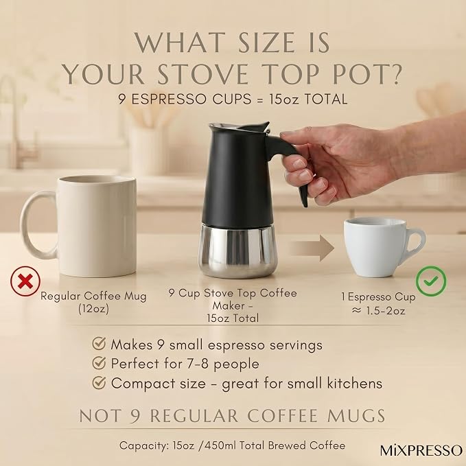 Mixpresso 9 Cup Greca Moka Pot, Stainless Steel Stovetop Espresso Maker | 450ml/15oz Italian stovetop coffee maker with classic percolator design, ideal for preparing coffee at home or while camping