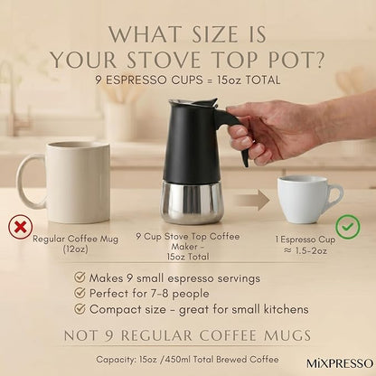 Mixpresso 9 Cup Greca Moka Pot, Stainless Steel Stovetop Espresso Maker | 450ml/15oz Italian stovetop coffee maker with classic percolator design, ideal for preparing coffee at home or while camping