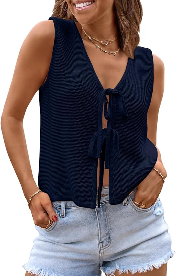 LILLUSORY Womens Tie Front Tops Vacation Sweater Vest | Bohemian Style, Beach Resort Wear, Concert Western Outfits, Crochet Tops, Vacation Outfits, Cute Y2k Sleeveless 2026
