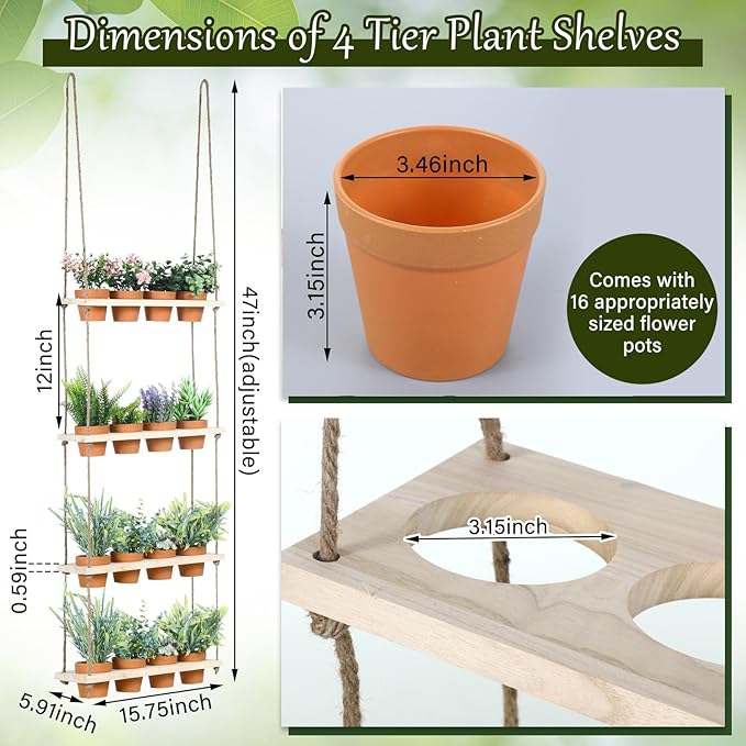 4 Tiered Window Plant Shelves Hanging Herb Planter Indoor Display with 16 Pcs Flower Pots Wood Window Plant Hanger for Grow Herbs Succulents Microgreens Seedling Organization