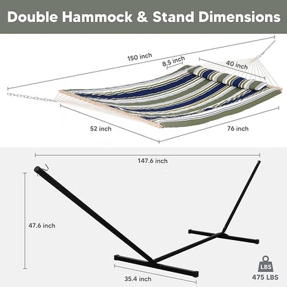 SUNCREAT Hammocks Double Outdoor Hammock with Stand, Cotton Rope Two Person Hammock with Polyester Pad & Large Pillow, Blue& Gray
