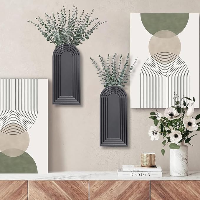 Dnnnii 2 Pack Wooden Wall Vase Set - Black Finish Modern Farmhouse & Boho Wall Decor for Entryway, Hallway, Bathroom, Living Room, Dining Room, Narrow Spaces
