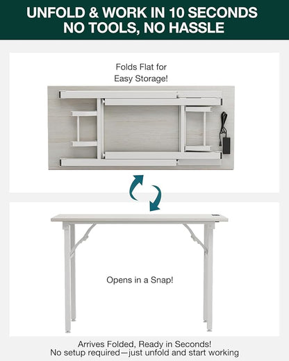Frylr Small Folding Computer Desk – 43.3 Inch Portable Table for Craft and Study, Lightweight Desk for Small Spaces, Foldable Laptop Table Built-in AC/USB Outlets for Convenience, White Ash
