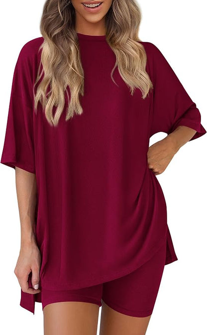 PRETTYGARDEN Women 2 Piece Lounge Set 2026 Summer Casual Oversized Shirts Biker Shorts Matching Airport Travel Outfit Clothes