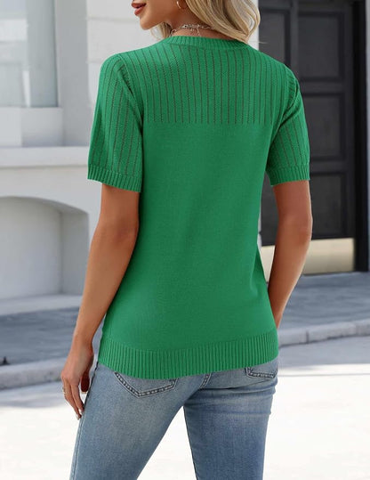 Zeagoo Women's Short Sleeve Sweater Tops 2026 Spring Summer Crew Neck Hollow Out Blouses Dressy Business Casual Outfits
