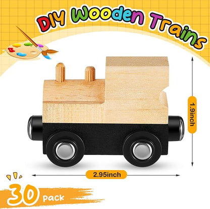 Halloscume 30 Pcs Unfinished DIY Wooden Trains Magnetic Unpainted Wooden Train Cars Toys for Railway Paint Project, Birthday Party Decorations Back to School Crafts Gifts Supplies (Classic)