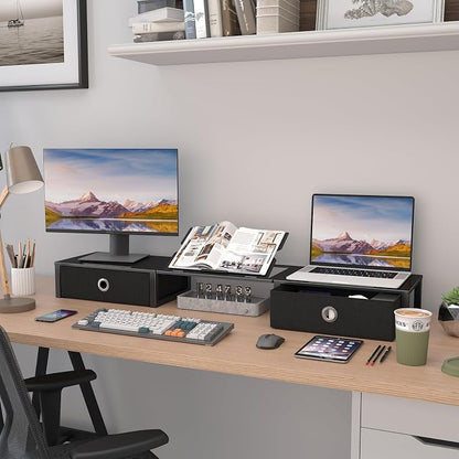 WESTREE Monitor Stand Riser with Adjustable Laptop Stand Riser, Steel Frame Dual Monitor Stand with Two Drawers for 2 Monitors, Desktop Oraganizer Stand for Computer,Laptop,Screen