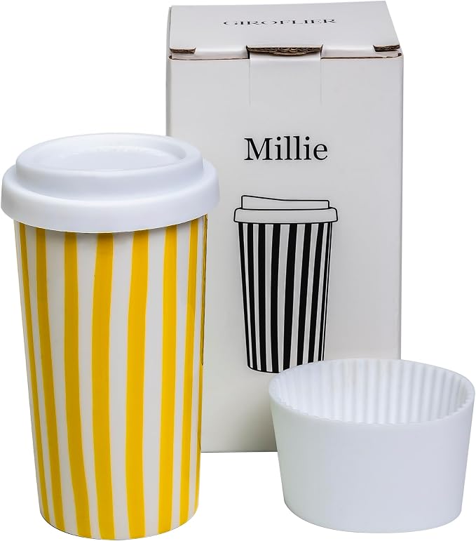 Ceramic Travel Mug with Lid (12 oz) – Cute Coffee Cup for Women & Men, Bright Aesthetic Travel Mug, Microwave & Dishwasher Safe, Fits Car Cup Holder (Yellow)