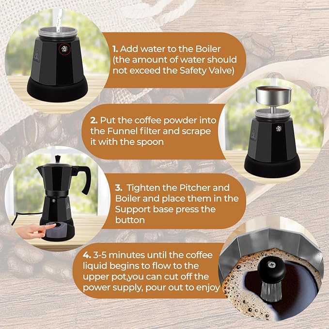 Electric Aluminum Moka Pot 3-6 Cup 150-270ml Espresso Maker | with Detachable Base Ideal Coffee Makers for Home MochaPot Italian and Cuban Café Coffeemaker Espressomaker CoffeePot Black
