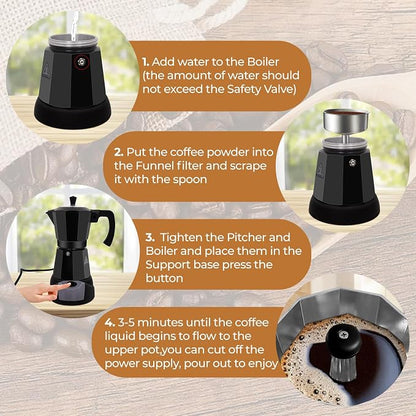 Electric Aluminum Moka Pot 3-6 Cup 150-270ml Espresso Maker | with Detachable Base Ideal Coffee Makers for Home MochaPot Italian and Cuban Café Coffeemaker Espressomaker CoffeePot Black