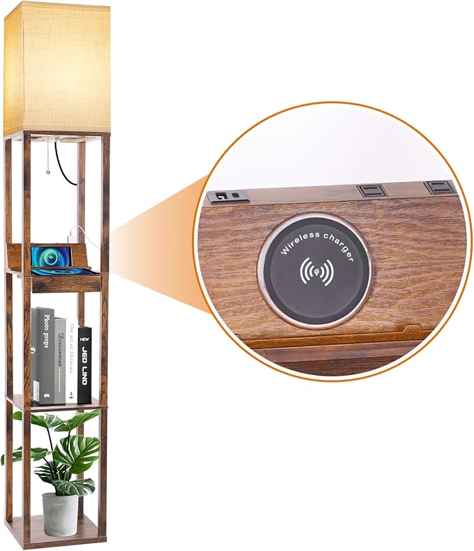 RUNTOP Floor Lamp with Shelves, Shelf Floor Lamp with Wireless Charger & 2 Charging USB Ports & Drawer, AC Outlet, 3 Color Temperature Tall Standing Lamp with Bulb for Living Room, Bedroom, Office