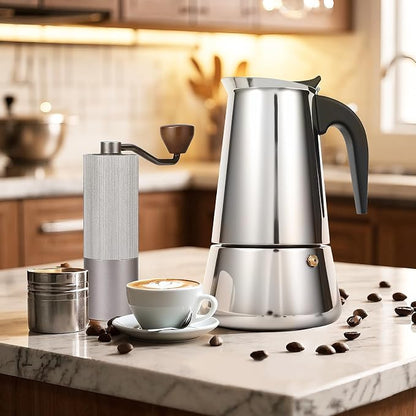 9 Cup Stainless Steel Moka Pot, 450ml Stovetop Espresso Maker, Silver