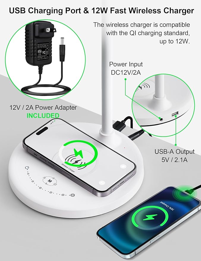 BOHON Desk Lamp, LED Desk Lamp with USB Charging Port, Wireless Charger Desk Light for Home Office, 5 Colors 6 Levels Brightness, Touch Table Lamp for Bedroom Bedside College Dorm Reading, White
