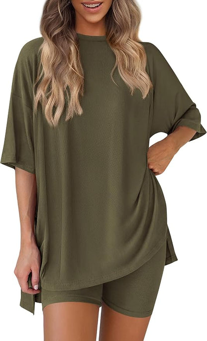 PRETTYGARDEN Women 2 Piece Lounge Set 2026 Summer Casual Oversized Shirts Biker Shorts Matching Airport Travel Outfit Clothes