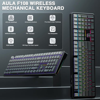 AULA F108 Wireless Mechanical Keyboard, Full Size Gaming Keyboard with Number Pad, Side Printed PBT Keycaps, Pre-lubed Switches, RGB Backlit, Hot Swappable Creamy Sounding Computer Keyboards, 108 keys