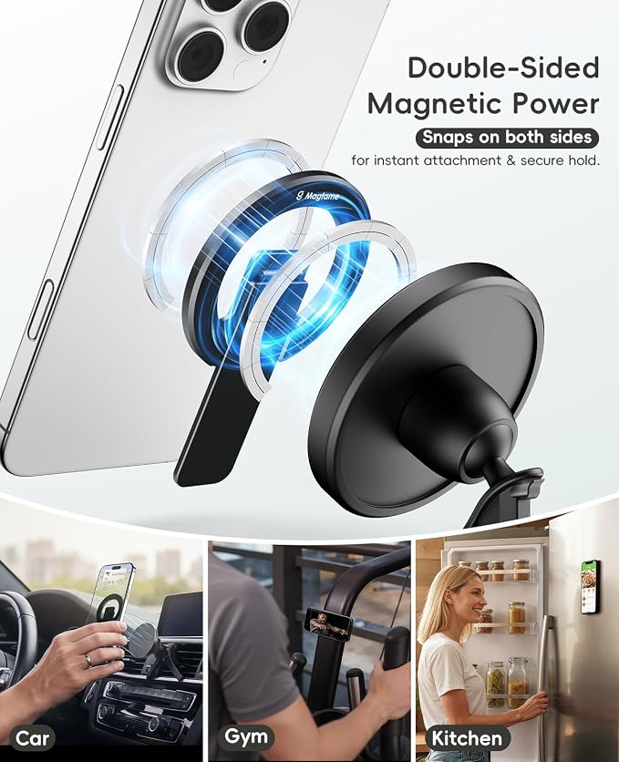 Dual-Sided Magnetic Phone Stand for MagSafe, Adjustable Kickstand Phone Foldable Holder Grip with Strong Magnet Compatible with Car Mounts Gym Equipment for iPhone 17/16/15/14/13 Series, Black