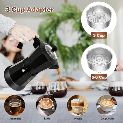 Electric Aluminum Moka Pot 3-6 Cup 150-270ml Espresso Maker | with Detachable Base Ideal Coffee Makers for Home MochaPot Italian and Cuban Café Coffeemaker Espressomaker CoffeePot Black