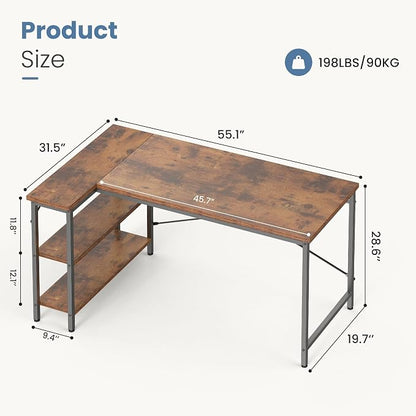 DUMOS L Shaped Desk, 55 Inch Computer Gaming Corner Desks with Shelves | Home Office PC Table, Writing Working Study Desk for Bedroom Dorm, Reversible Design, Rustic Brown