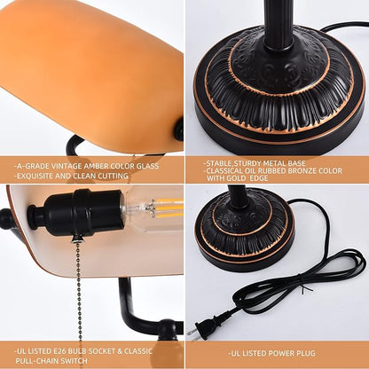 Rustic Desk Lamp Pull Chain, Traditional Bankers Desk Lamp with USB Port, Vintage Farmhouse Table Lamp for home office library