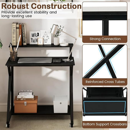 GIANTEX Rolling Small Desk with Storage, Compact Computer Desk for Small Spaces with Charging Station, Monitor Stand, Lockable Wheels, Study Writing Desk for Home Office, Bedroom (Black)