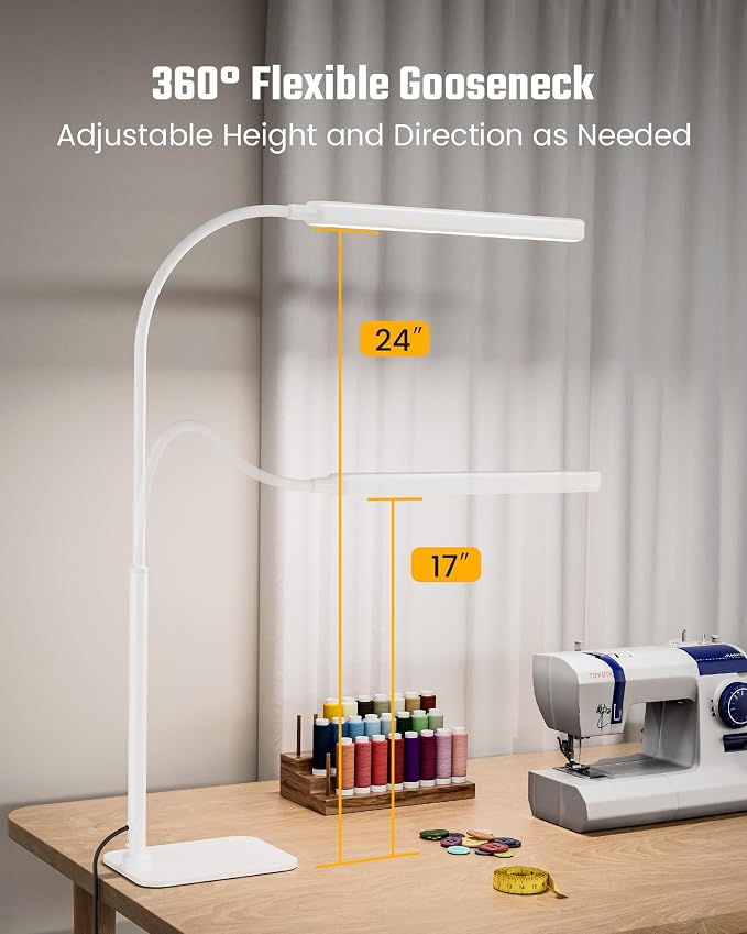 SUPERDANNY Eye-Caring LED Desk Lamp with Base 360° Flexible Gooseneck Work Lamp Touch Control 3 Light Colors Smooth Dimming Task Lighting Reading Light for Home Office College Dorm, White