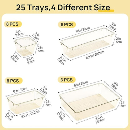 Vtopmart 25 Pack Plastic Drawer Organizers with Non-slip Rubber Pads | 4-Size Versatile Makeup Organizer, Storage Containers Small Bins for Makeup, Jewelries, Bedroom, Kitchen Utensils and Office