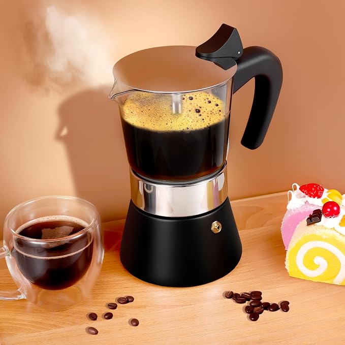 6 Cup 300ml Glass Moka Pot, Stovetop Espresso Maker, Black | Crystal Glass-top & Stainless Steel Coffee Maker, Induction Compatible, for Greca de Cafe, Cuban and Italian Coffee Brewing