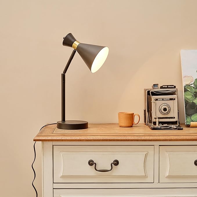 Globe Electric 61000056 16" Desk Lamp, Matte Black Finish, Matte Brass Accents, Pivot Joint, On/Off Rotary Switch on Socket, E26 Base Bulb, Lamp for Living Room, Home Office, Home Improvement