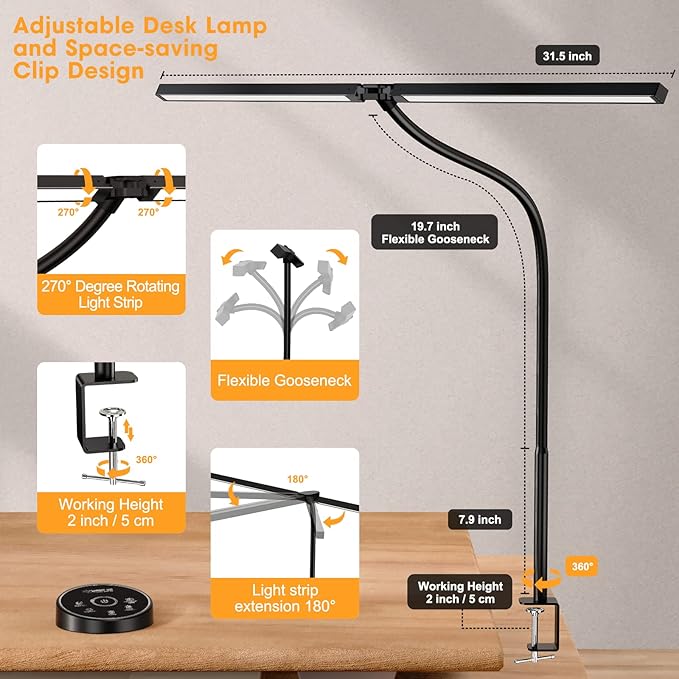 Led Desk Lamp for Office Home - 2 Pack Eye Caring Architect lamp with Clamp,Dual Screen Computer Monitor Gooseneck Smart Light: 24W 5 Color Flexible Adjustable Lighting Table Lamp for Study