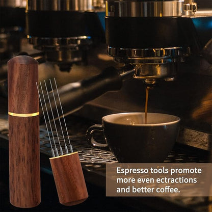 Zolunu Espresso Coffee Stirrer 5 Needles 0.4mm Espresso Distribution Tools, Natural Wood Handle and Stand