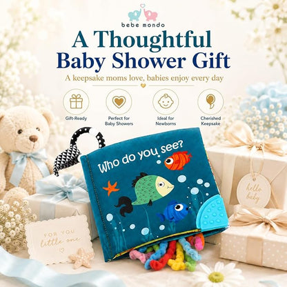 Fish Baby Books Toys, Touch Feel Cloth Crinkle Books for Babies,Baby Infant Toys 0-6, 6-12,12-18 Months,Newborn,Early Learning Education, Baby Gifts Shower for Boys Girls,Teething, Mirror,Shark Ocean