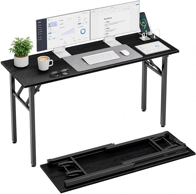Folding Table Computer Desk - 55.1" No Assembly Folding Desk with Power Outlets & USB Charging Port, Small Desk, Foldable Office Desk, Compact Storage Portable Use for Small Space, Dark Oak