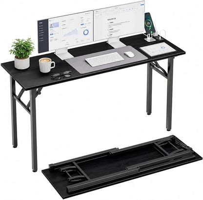 Folding Table Computer Desk - 55.1" No Assembly Folding Desk with Power Outlets & USB Charging Port, Small Desk, Foldable Office Desk, Compact Storage Portable Use for Small Space, Dark Oak