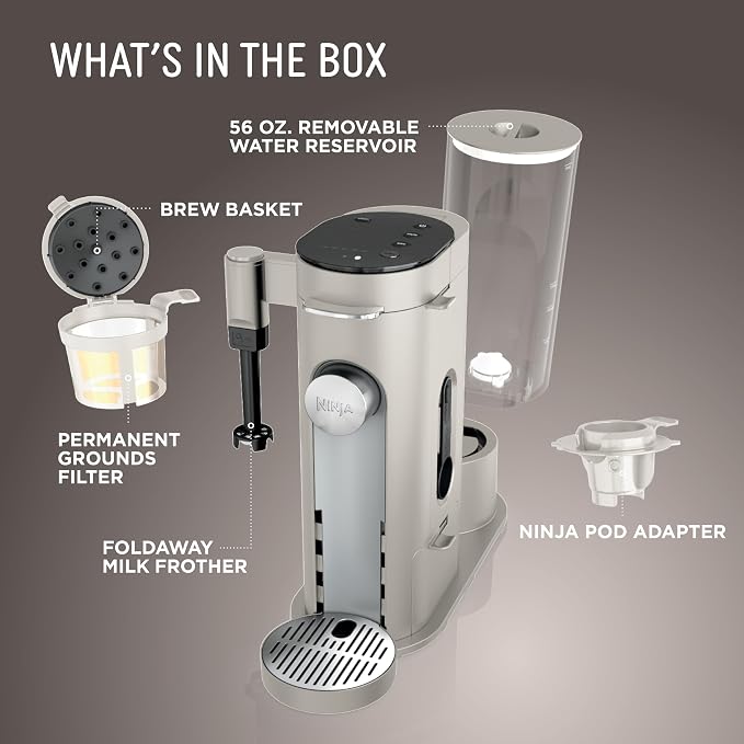 Ninja Pod and Grounds Coffee Maker, K-Cup Compatible, Stone, PB051ST | Brews, Compact Design, Built-in Milk Frother, 56 Ounces Reservoir, 6 Ounces Cup to 24 Ounces Mug Sizes